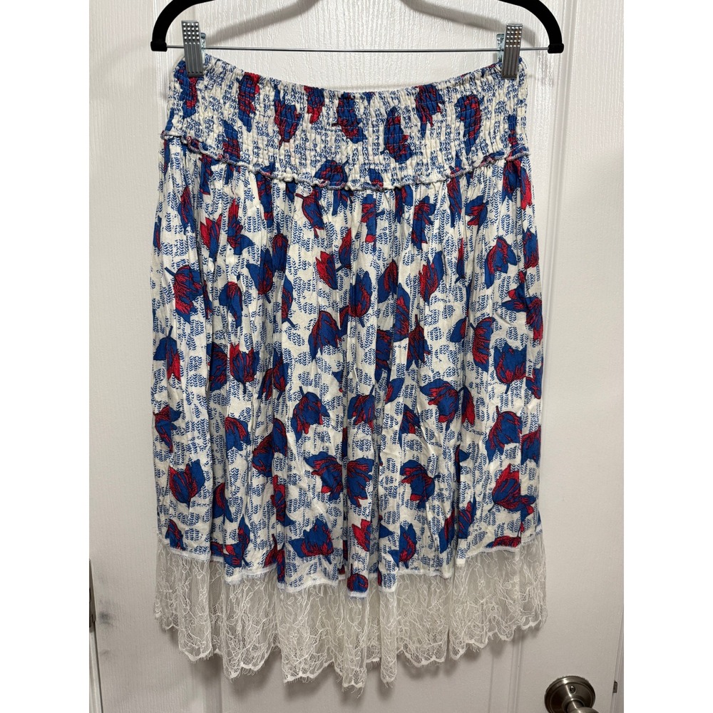 Hazel Floral Mini Skirt Womens M White Blue Red Smocked Waist Lace Hem Boho
